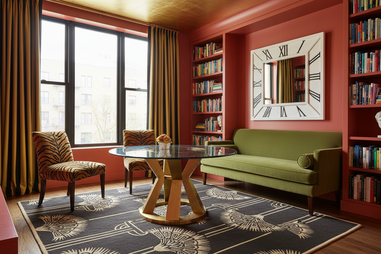 Living room with green sofa, a brown art deco rug, round glass table, and bookshelves.