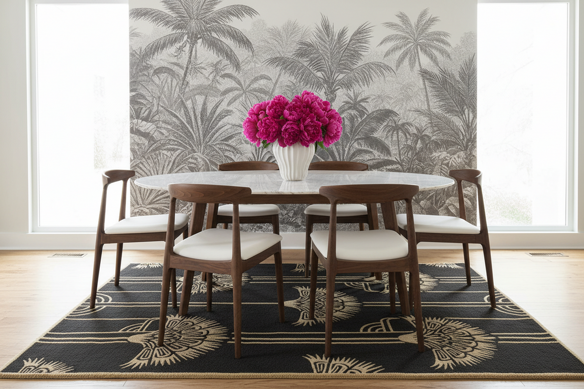 Dining room with a round table and chairs, featuring a brown art deco rug, floral arrangement on the table.