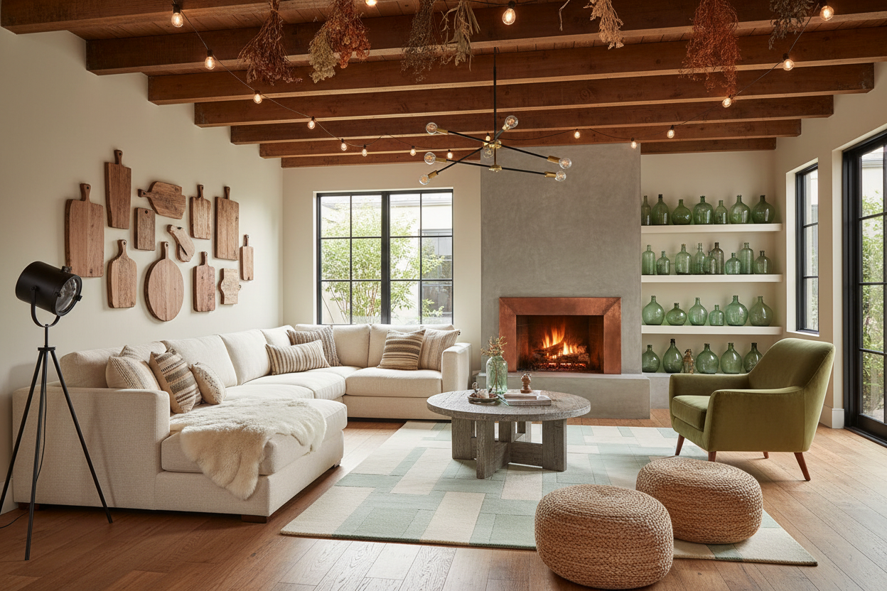 Modern living room with a fireplace, green rug, white sectional sofa, and green armchair.