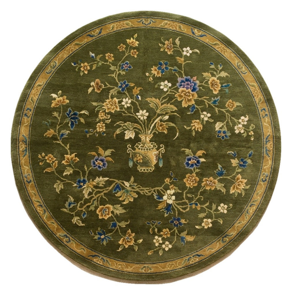 Olive Gilded Bouquet Round Hand Tufted Rug — olive, gold, blue floral rug by Maia Homes on a white background