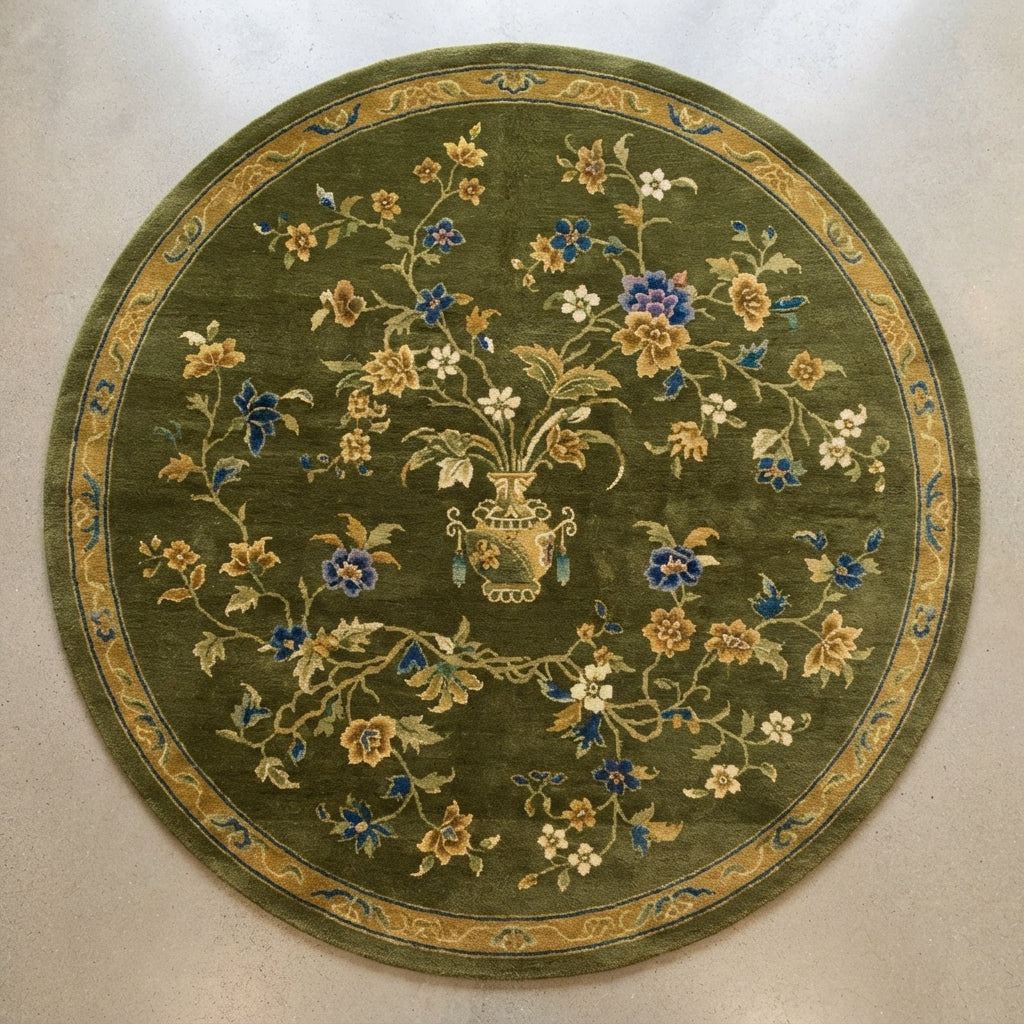 Olive Gilded Bouquet Round Hand Tufted Rug — olive, gold, blue floral rug by Maia Homes