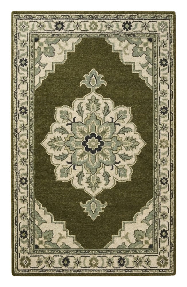 Olive Laurel Medallion Hand Tufted Rug — olive, green, cream traditional rug by Maia Homes on a white background
