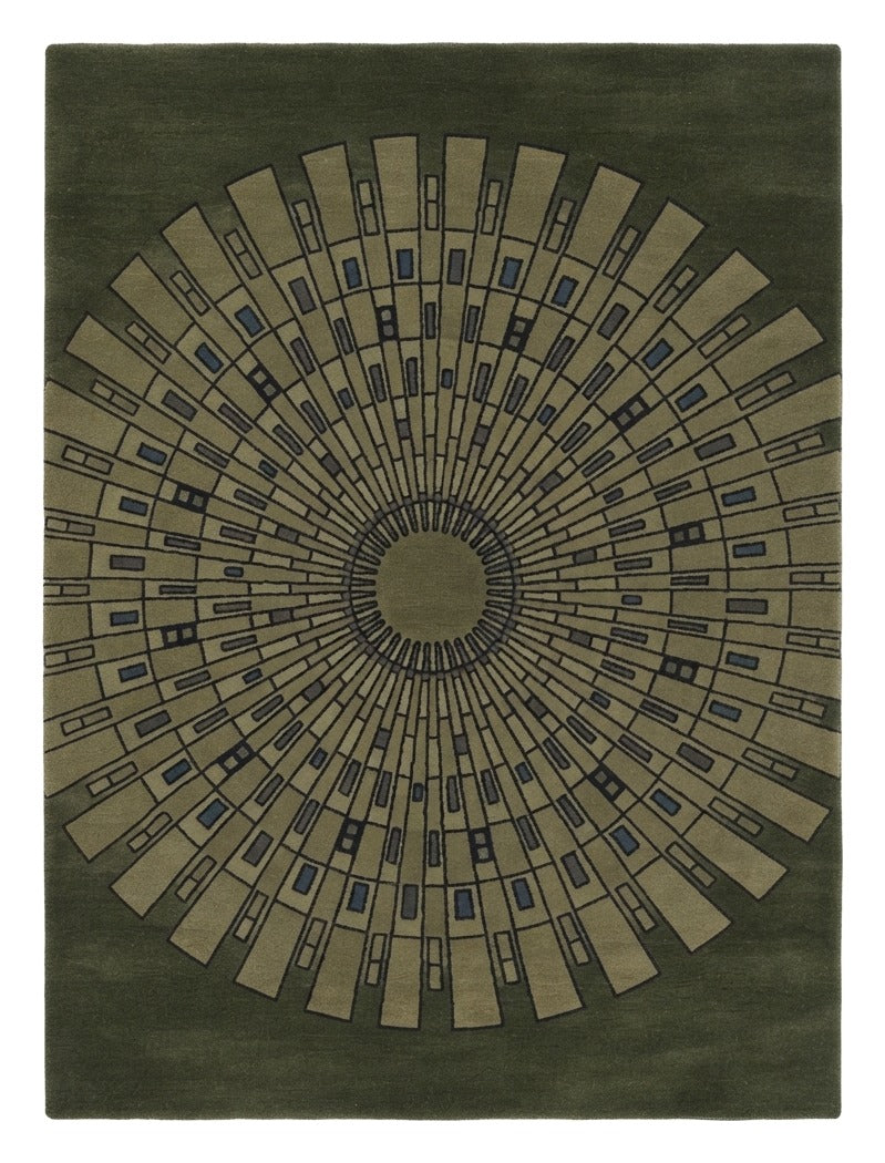 Olive Sunburst Deco Hand Tufted Wool Rug shown flat on a white background