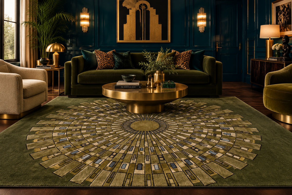 Olive Sunburst Deco Hand Tufted Wool Rug