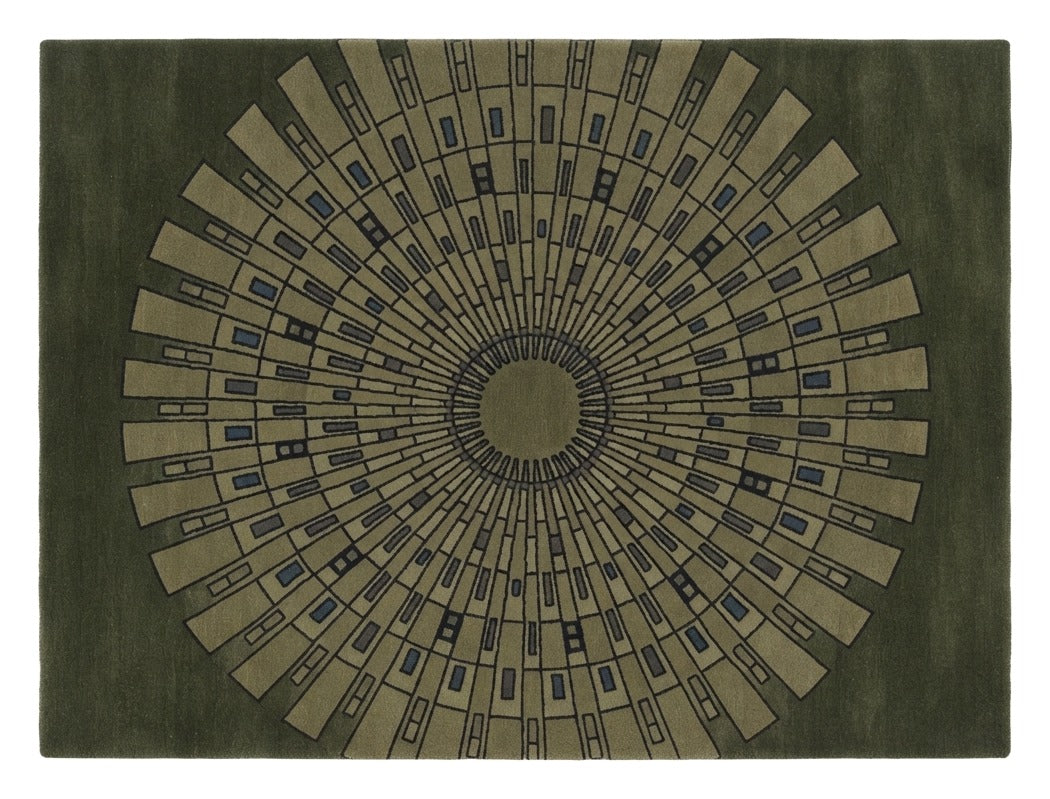 Olive Sunburst Deco Hand Tufted Wool Rug — olive, green, sage art deco rug by Maia Homes on a white background