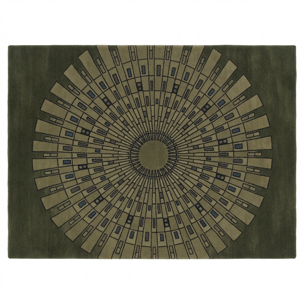 Olive Sunburst Deco Hand Tufted Wool Rug — olive, green, sage art deco rug by Maia Homes