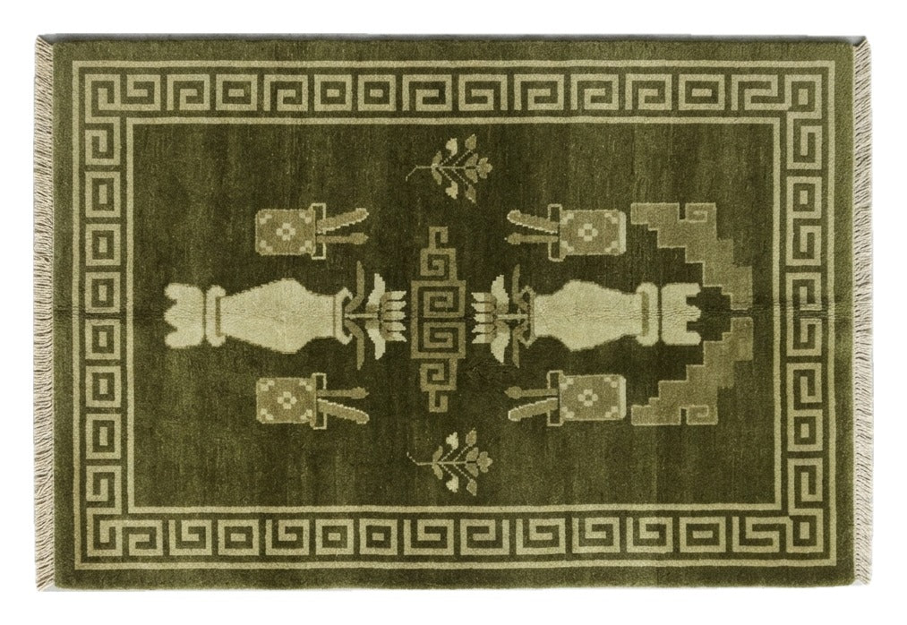 Olive Temple Vase Hand Knotted Rug shown flat on a white background
