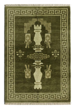 Olive Temple Vase Hand Knotted Rug — olive, green, cream chinoiserie rug by Maia Homes on a white background