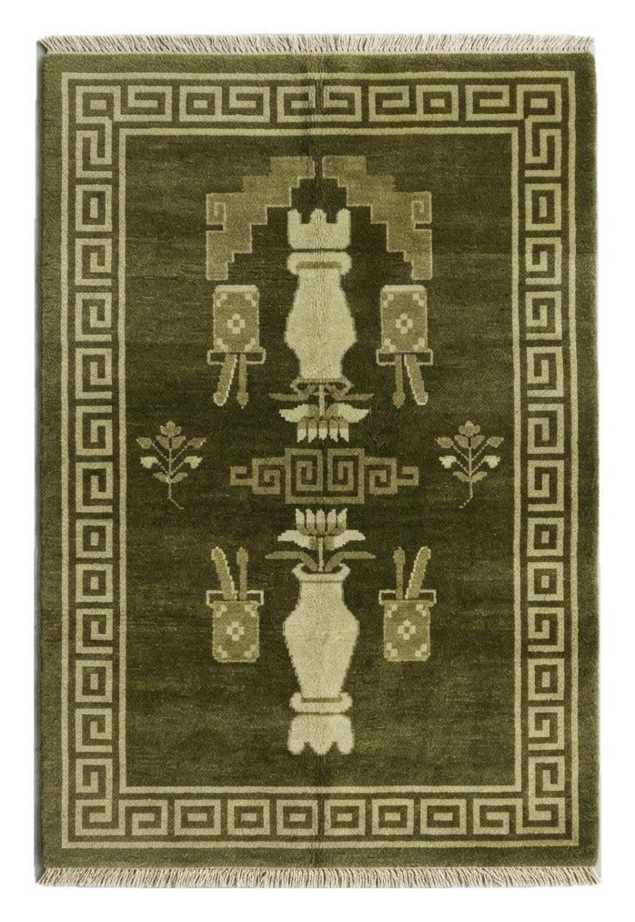 Olive Temple Vase Hand Knotted Rug — olive, green, cream chinoiserie rug by Maia Homes on a white background