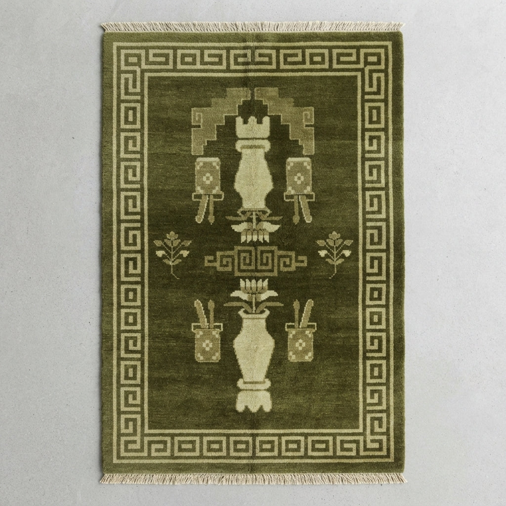 Olive Temple Vase Hand Knotted Rug — olive, green, cream chinoiserie rug by Maia Homes