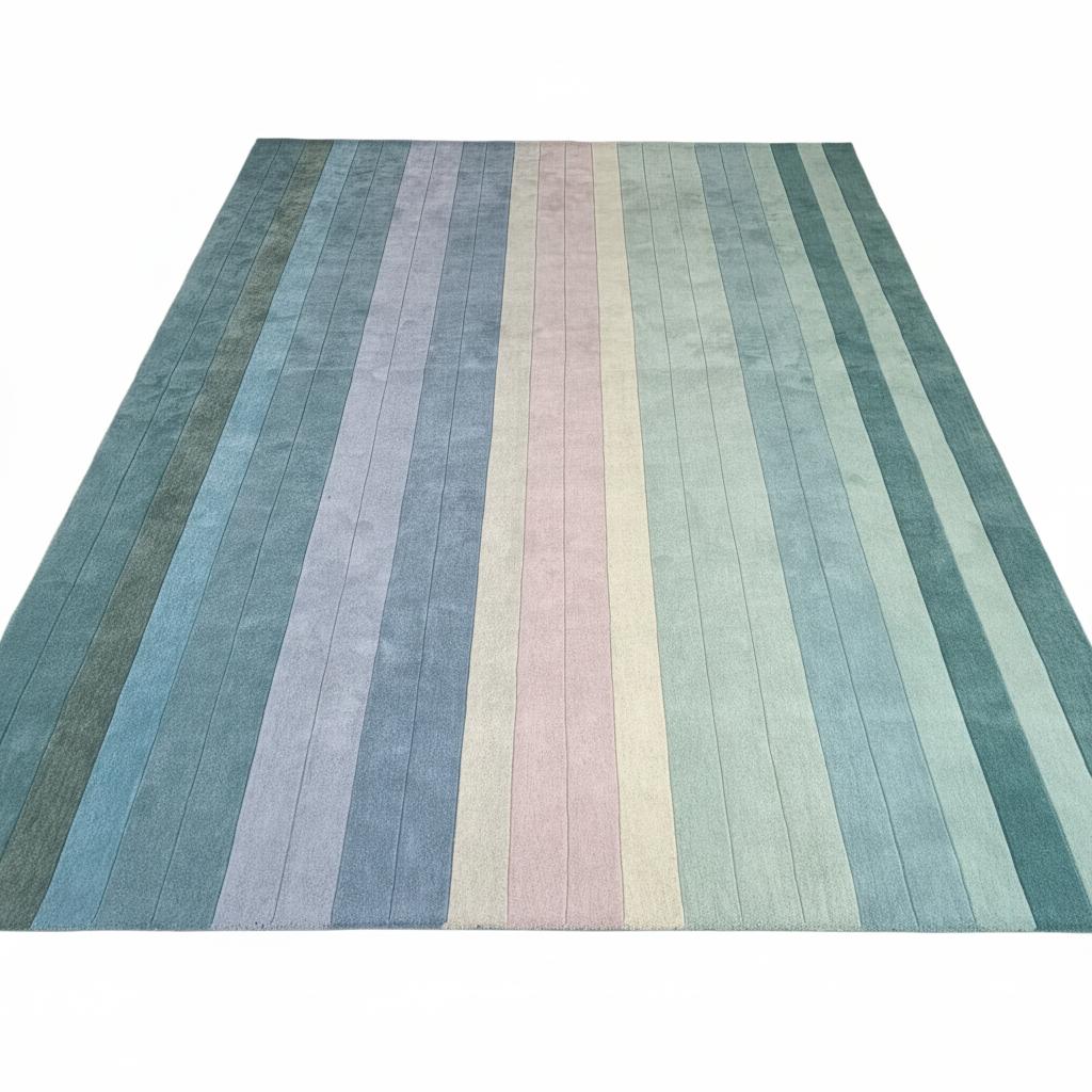 Striped rug with horizontal lines in various pastel colors on a white background