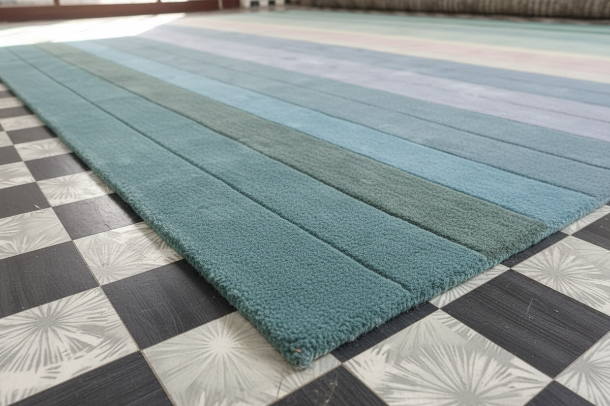 Teal striped rug on a checkered floor