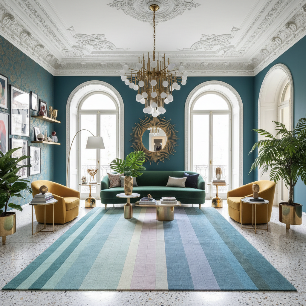 Luxurious living room with a striped rug, green sofa, and decorative elements.