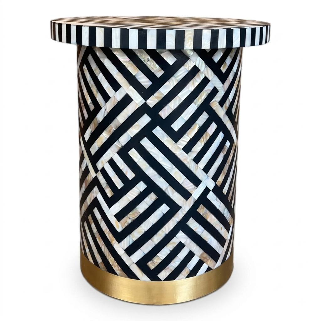 Optical Mother-of-Pearl Inlay Round Side Table – Black
