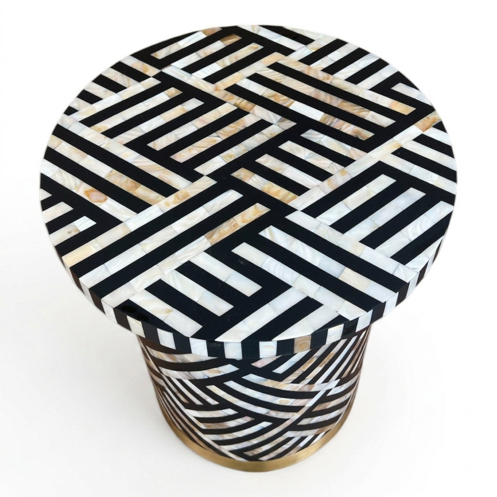 Optical Mother-of-Pearl Inlay Round Side Table – Black