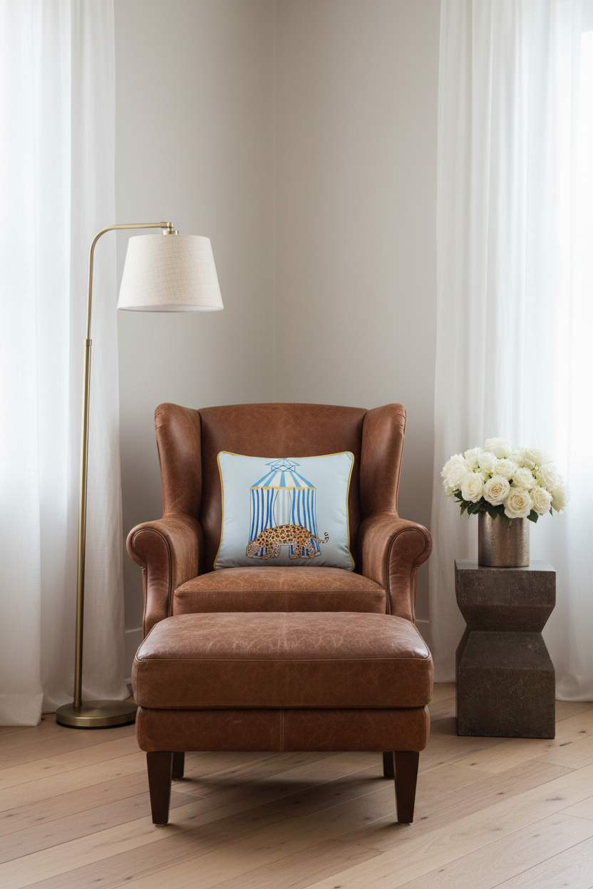 A cream-colored slipcovered sofa in a styled living room setting, featuring a light blue decorative throw pillow with a birdcage illustration, next to a wooden coffee table and a potted plant.