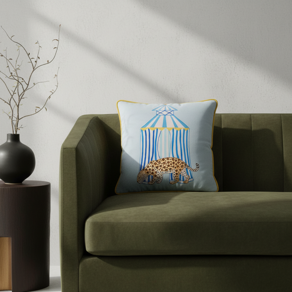 A cream-colored slipcovered sofa in a styled living room setting, featuring a light blue decorative throw pillow with a birdcage illustration, next to a wooden coffee table and a potted plant.