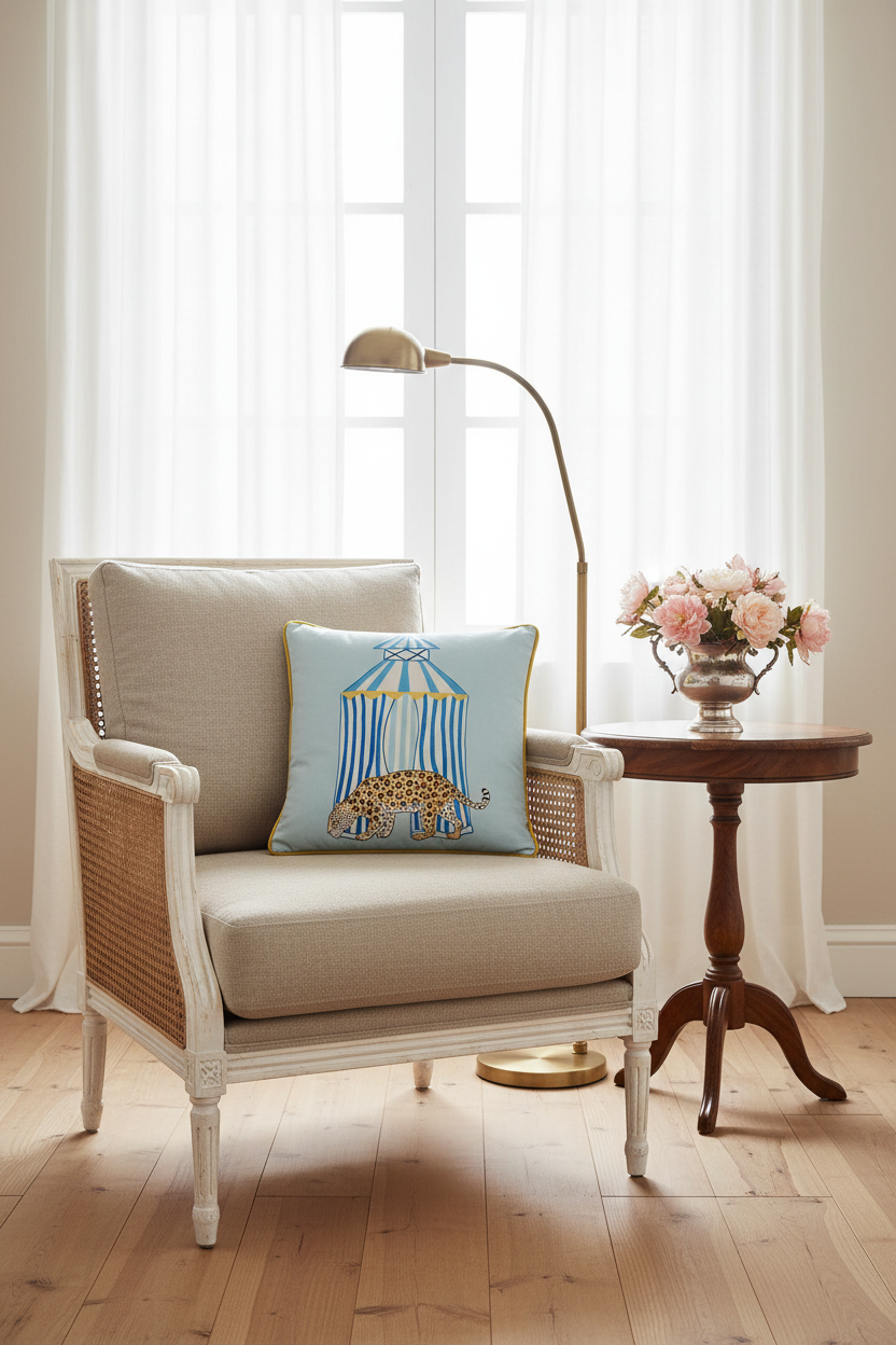 A cream-colored slipcovered sofa in a styled living room setting, featuring a light blue decorative throw pillow with a birdcage illustration, next to a wooden coffee table and a potted plant.