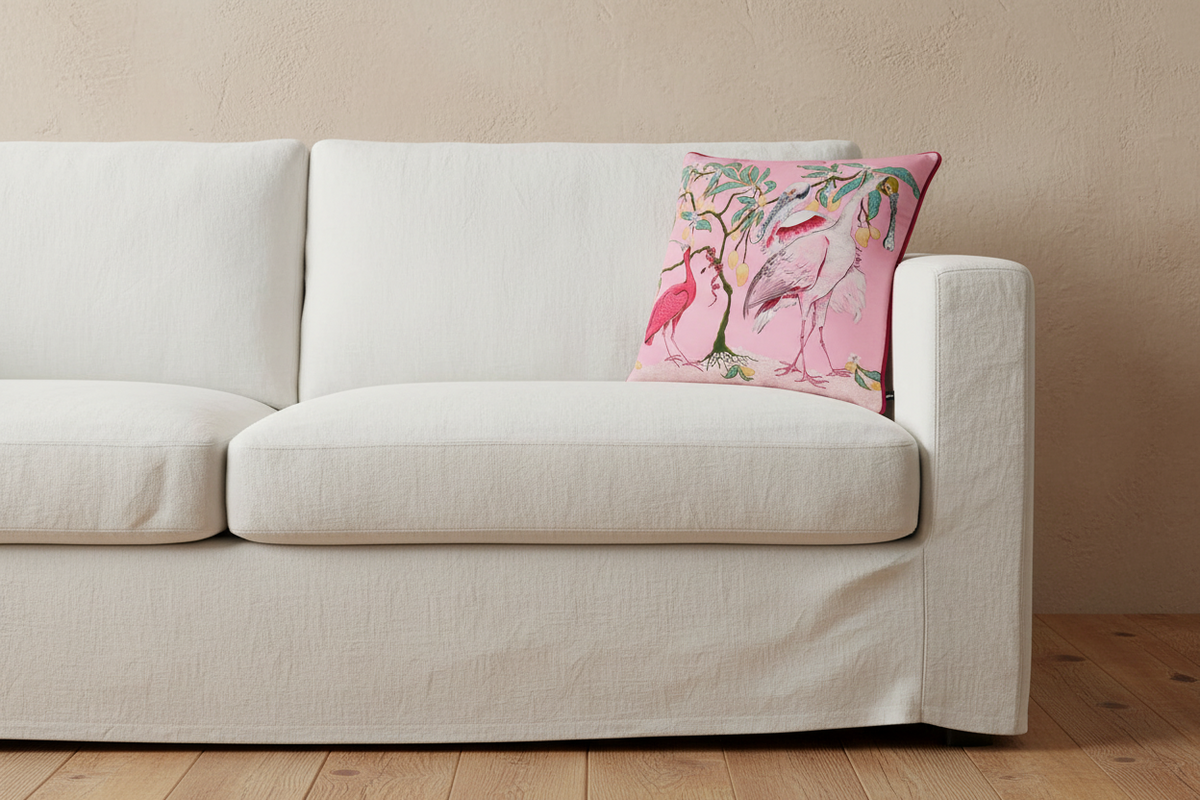 A white slipcovered sofa in a living room setting, featuring a pink decorative throw pillow with a bird pattern against a textured beige wall and light wood flooring.