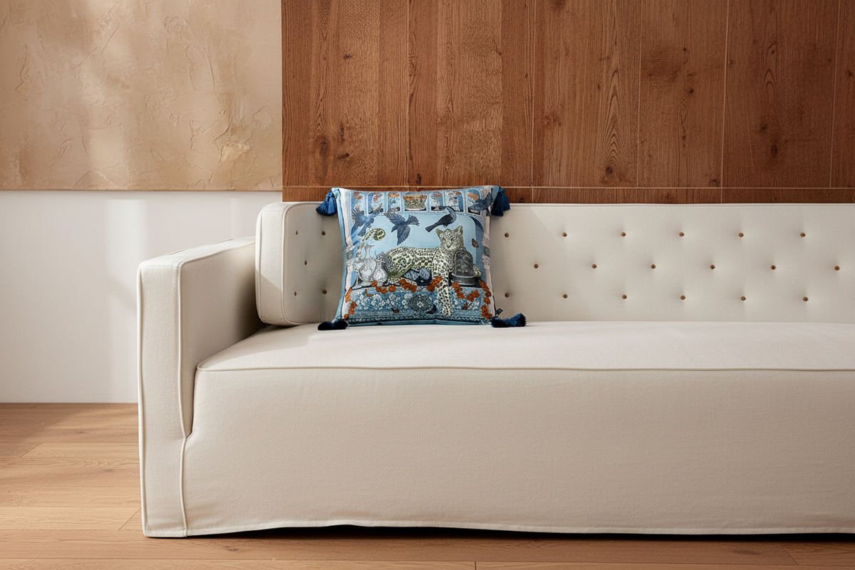 A cream upholstered sofa in a modern room setting, featuring a decorative blue patterned throw pillow with tassel ends.