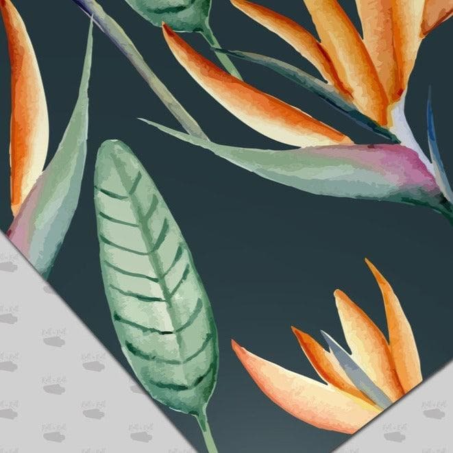 Orange Tropical Floral and Palm Leaves Wallpaper Dark Green Bird of Paradise Wallpaper 