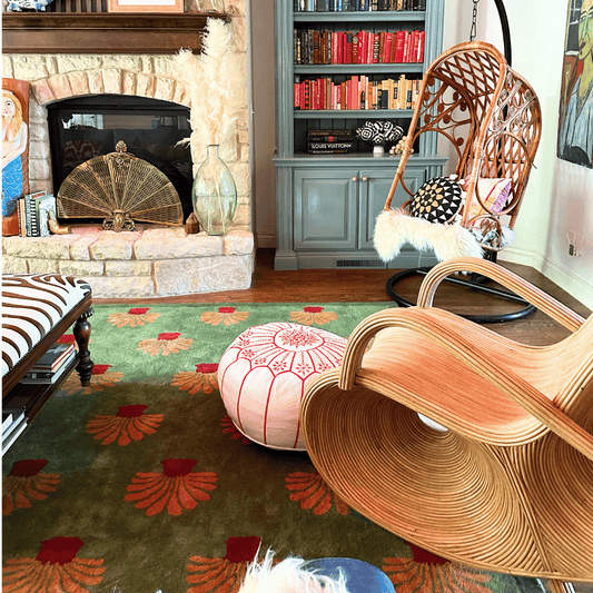 The Orange Palm Trees Green Tufted Wool Rug - II is a vibrant and tropical-inspired rug that brings a touch of exotic flair to your living space. Crafted with precision and care, this tufted wool rug features a design that showcases orange palm trees against a lush green background.