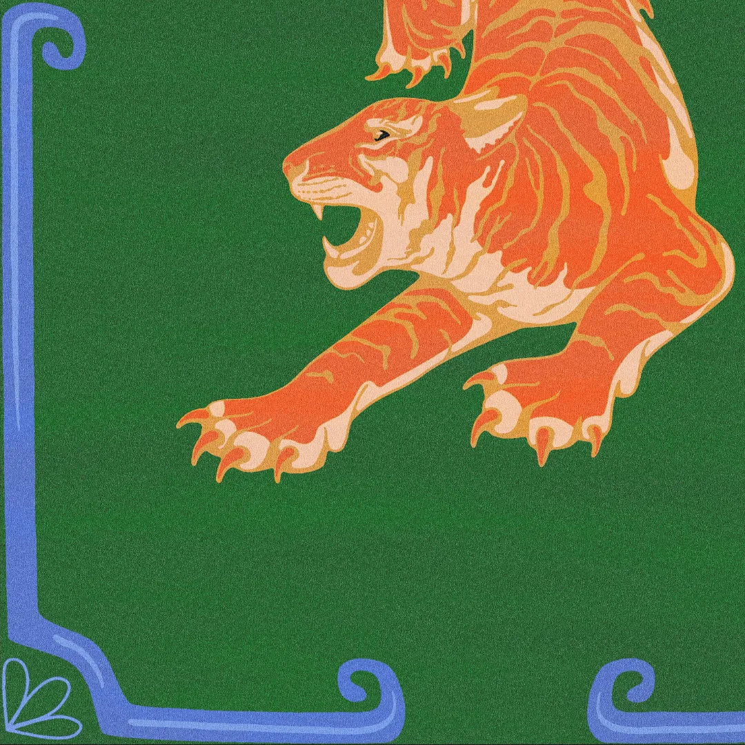 Orange Tiger Dark Green Hand Tufted Rug - Left