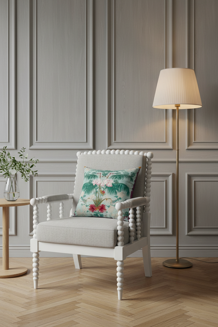 A white upholstered armchair with turned spindle-style arms and legs, styled in a room with gray paneled walls, a lit floor lamp, a small side table with greenery, and a floral accent pillow.
