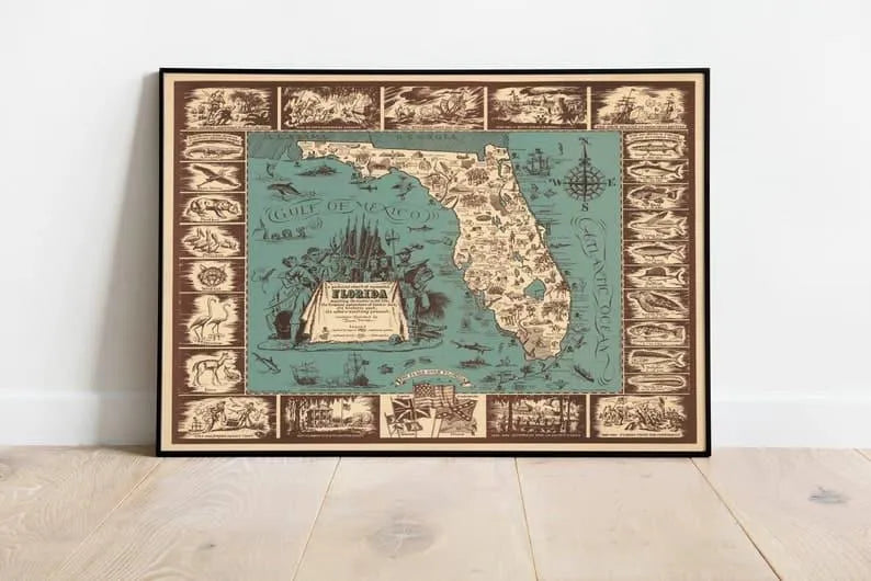 Pictorial Map of Romantic Florida Depicting its Exotic Wild Life| Poster Print