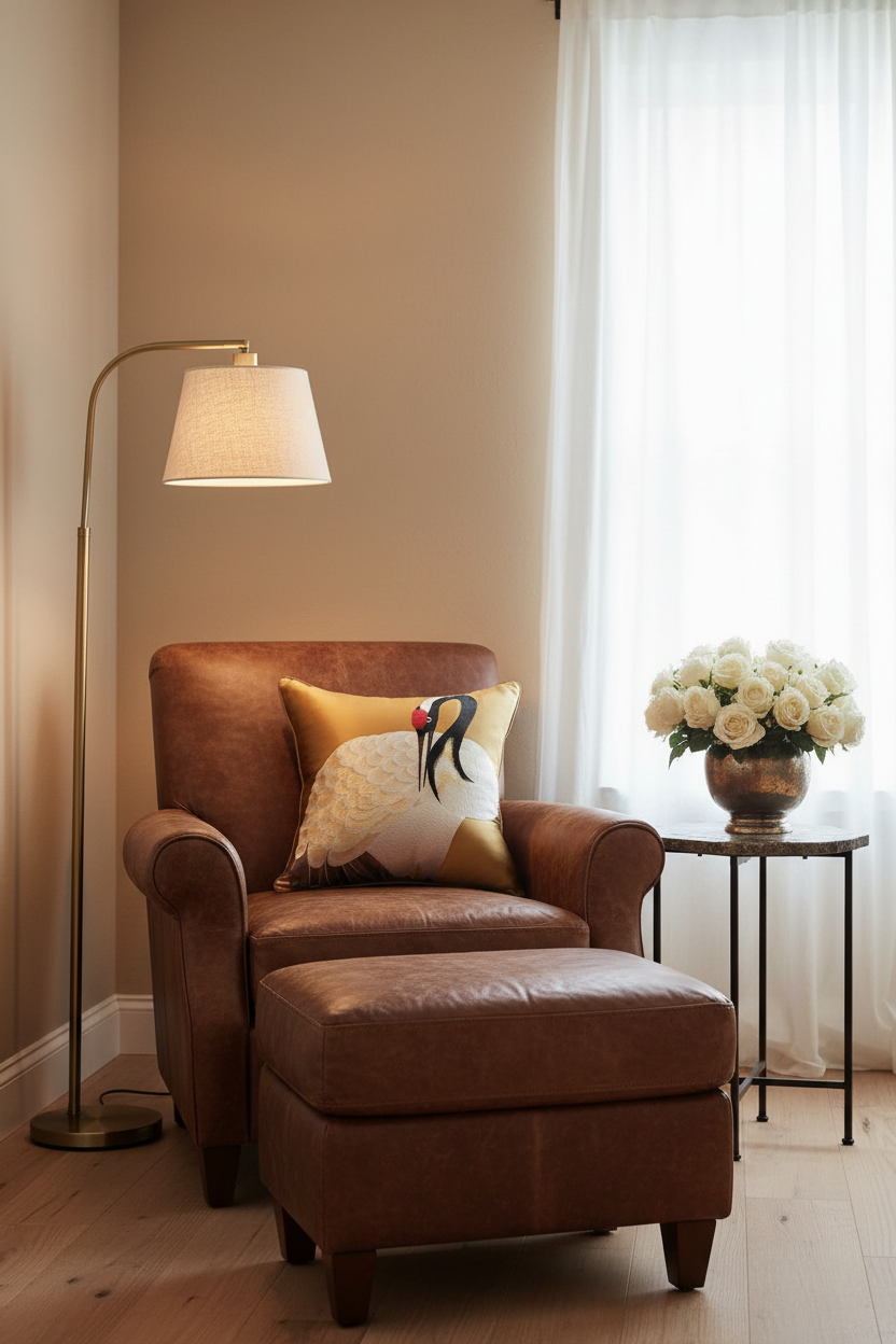 A brown leather armchair with matching ottoman in a warm living room setting, styled with a decorative pillow, a floor lamp, and a side table with white roses.