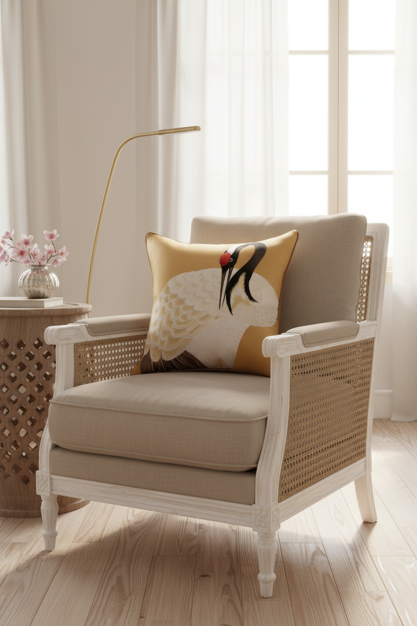 A brown leather armchair with matching ottoman in a warm living room setting, styled with a decorative pillow, a floor lamp, and a side table with white roses.