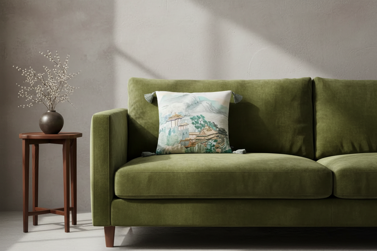 An olive green velvet sofa in a modern living room setting, styled with a square throw pillow featuring a traditional Chinese landscape print. A small wooden side table with a vase of dried branches sits to the left of the sofa against a textured gray wall.