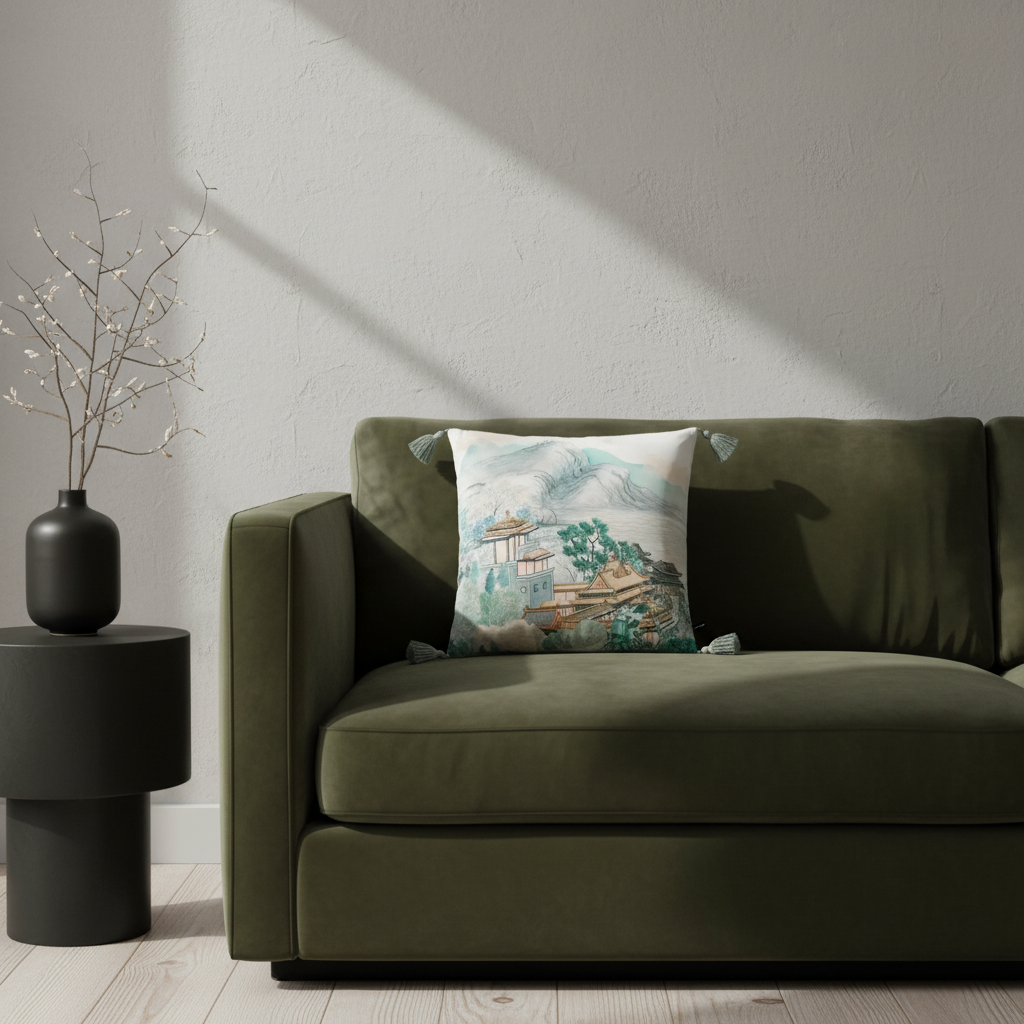 A white fabric slipcovered sofa in a minimalist room, styled with a square decorative throw pillow featuring a traditional East Asian landscape print and green pom-poms.
