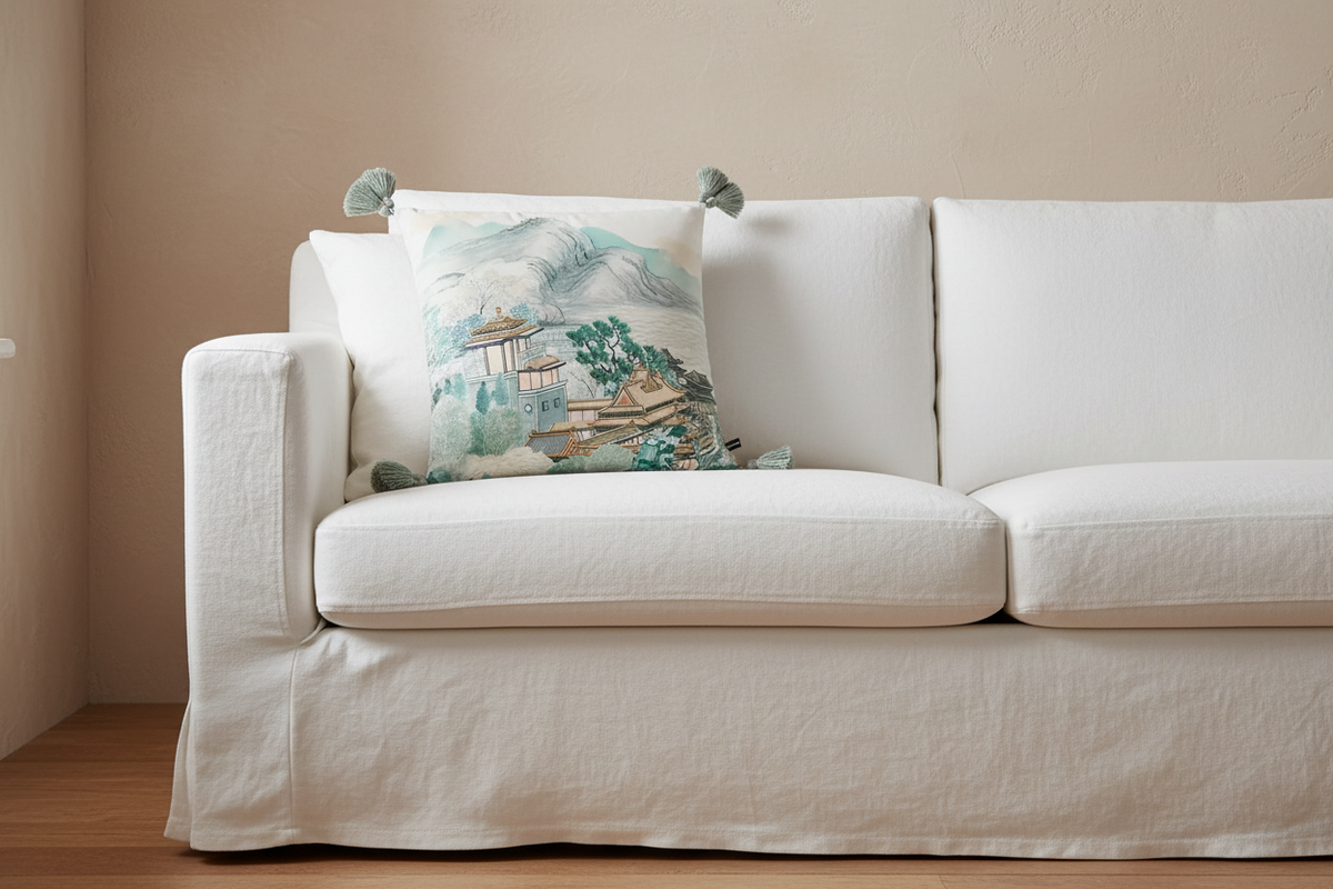A white slipcovered sofa in a minimalist room, styled with a square decorative throw pillow featuring a traditional East Asian landscape print and green pom-poms.