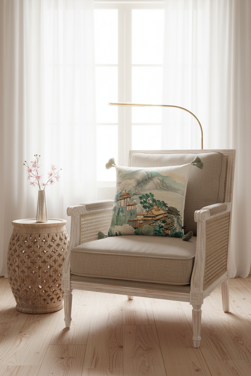 A cream-colored armchair with woven rattan details, styled with a landscape-print accent pillow, set in a bright room with sheer white curtains, a wooden side table, and a gold floor lamp.