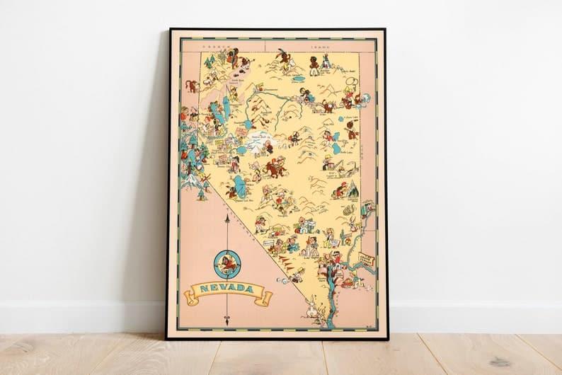 Ornamental Map Of The United States &amp; Mexico| 1800s America Map Nevada Map Print| Art History 