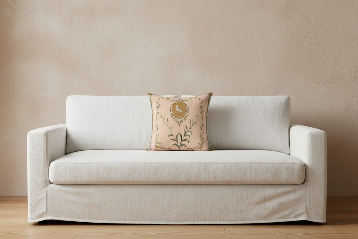 A cream-colored slipcovered loveseat sofa with a decorative beige throw pillow featuring a gold sun and green botanical pattern, set against a textured beige wall and light wood floor.