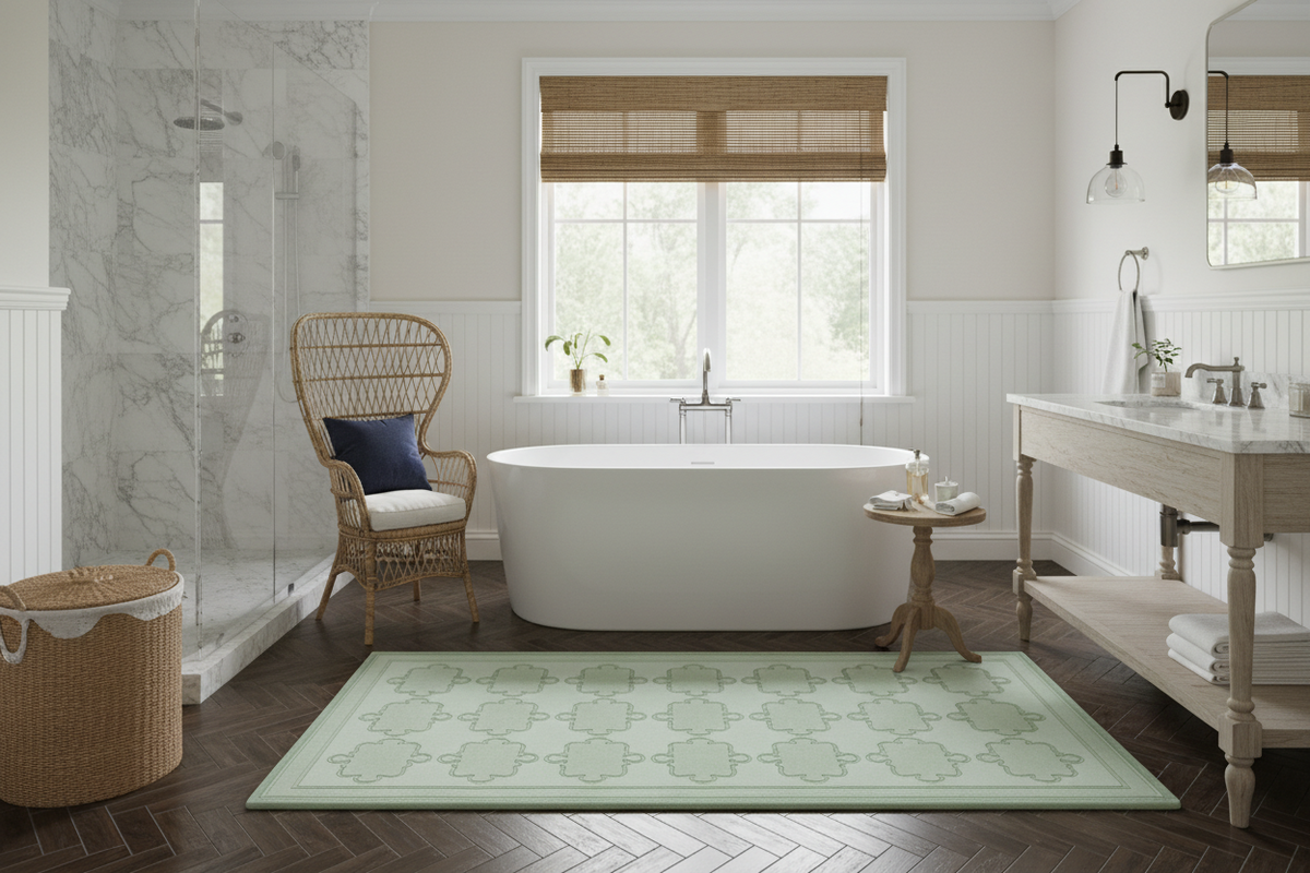 Modern bathroom with freestanding bathtub, green rug, and window