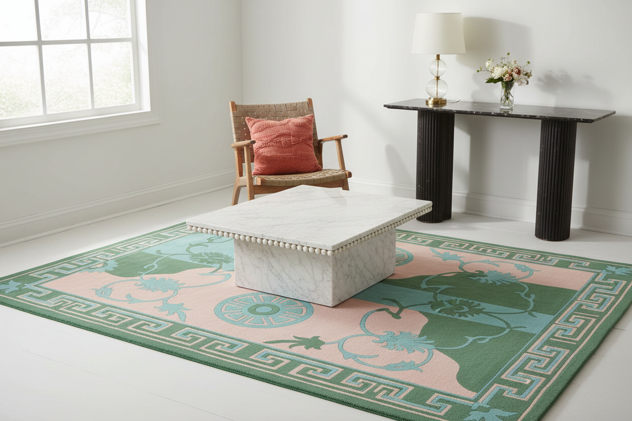living room with one accent chair and floral green and pink rug