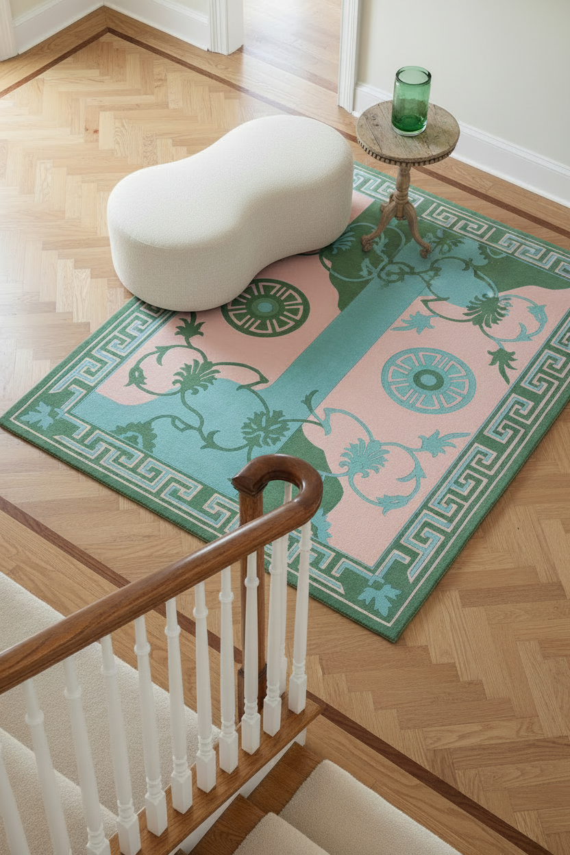 Decorative rug with pink and green pattern on wooden floor