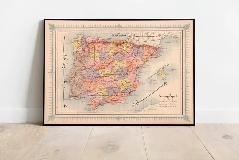 Ottoman Map of Spain and Portugal 1868| Old Map Wall Decor