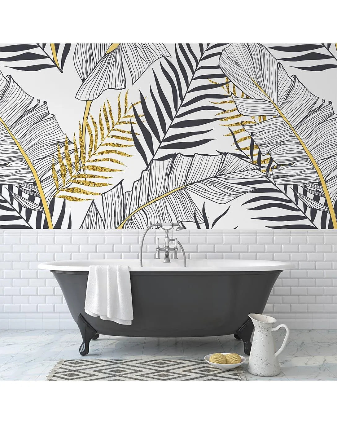 Oversized Black Gold Exotic Palm Leaves Wall Mural