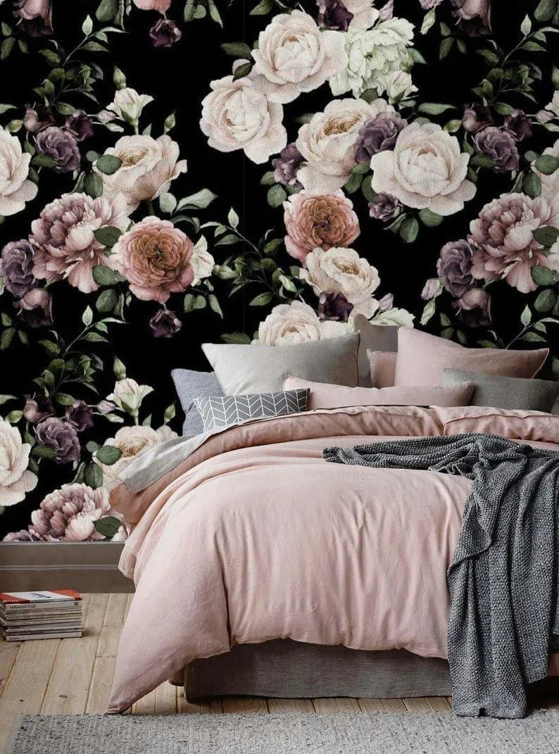 Oversized Dramatic Peonies on Black Wallpaper