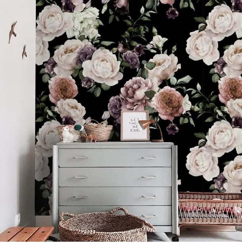 Oversized Dramatic Peonies on Black Wallpaper