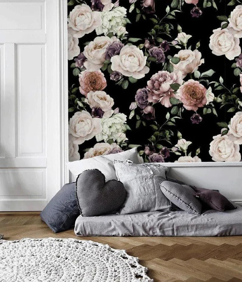 Oversized Dramatic Peonies on Black Wallpaper