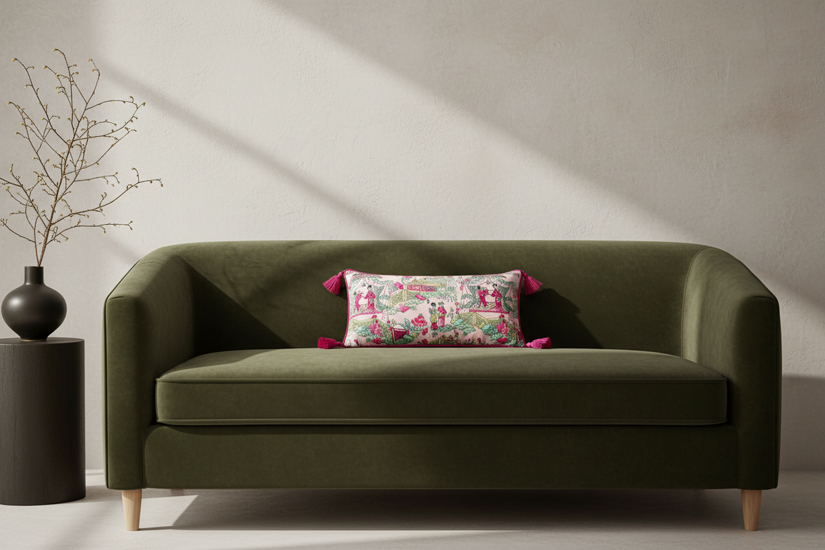 An olive green velvet loveseat sofa with light wood legs, styled with a pink and green patterned accent pillow, set against a textured beige wall with diagonal shadows.