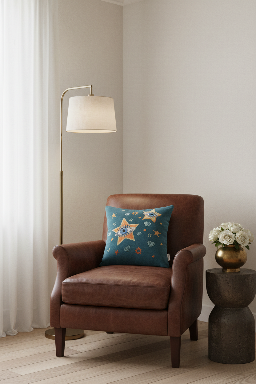 A brown leather armchair in a styled room corner with a blue throw pillow featuring a star pattern, a floor lamp, and a side table with flowers.