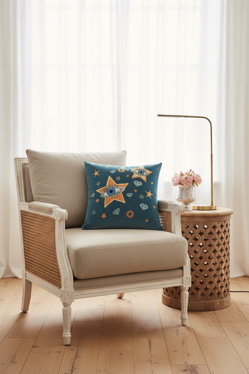 A brown leather armchair in a styled room corner with a blue throw pillow featuring a star pattern, a floor lamp, and a side table with flowers.