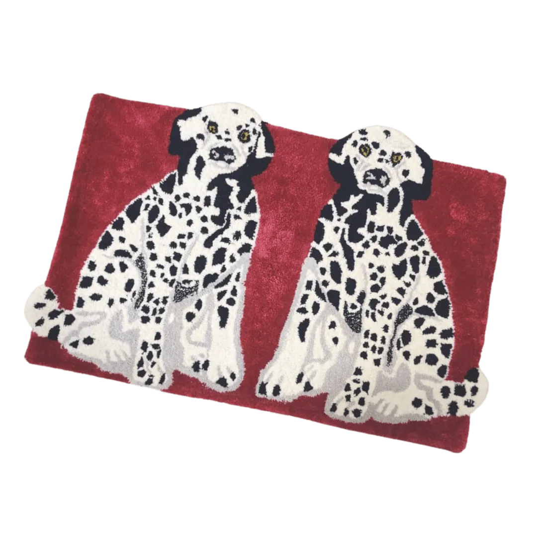 Pair of Doggie Hand Tufted Wool Rug - Red