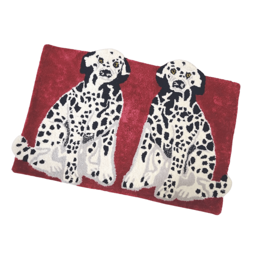 Pair of Doggie Hand Tufted Wool Rug - Red